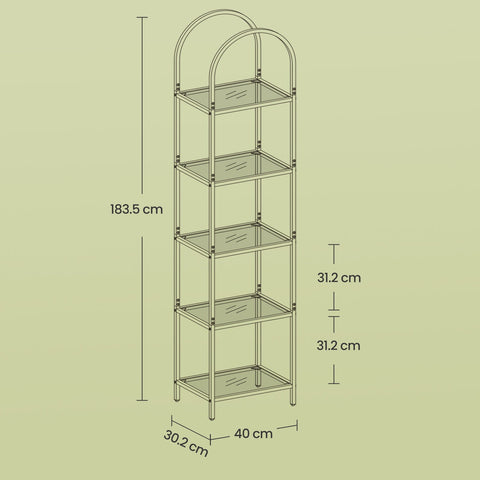 Rootz 5 Level Bookshelf - Hard Glass Arched Storage Shelf - Tiered Shelving - Space Saving - 30.2cm x 40cm x 183.5cm