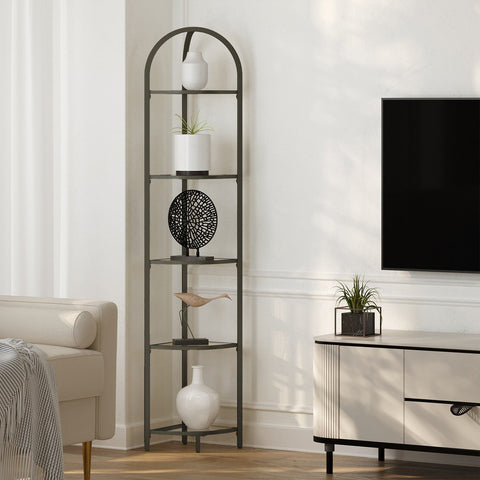 Rootz Corner Shelf - Black - Steel Display Rack - Hard Glass Bookshelf - Organizes Space - 28 x 28 x 158 cm
