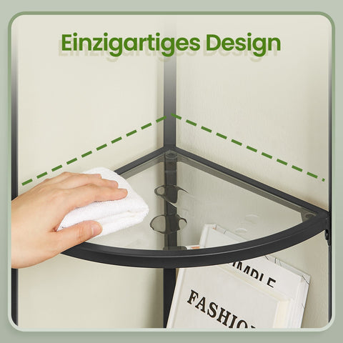 Rootz Corner Shelf - Black - Steel Display Rack - Hard Glass Bookshelf - Organizes Space - 28 x 28 x 158 cm