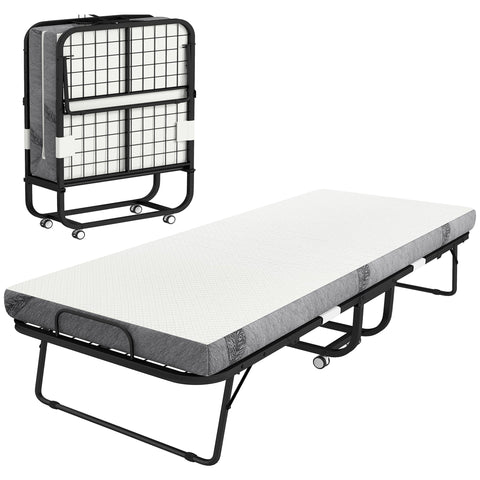 Rootz Folding Guest Bed - Travel Bed - Portable Bed with Mattress - Steel Frame - 200cm x 90cm x 42.5cm