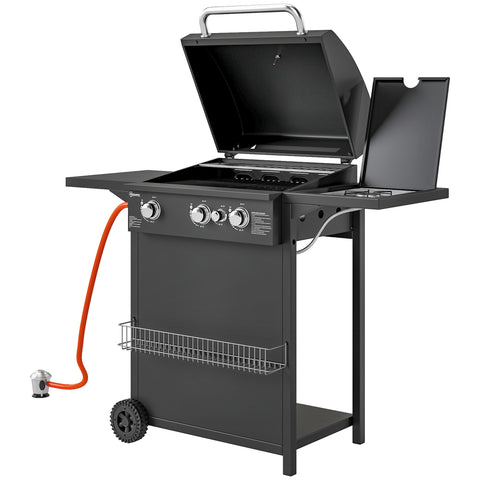 Rootz Gas Grill 9.5 kW - Outdoor BBQ - Griddle - 4 Burners, Side Cooker, Integrated Thermometer - 123 x 57 x 98 cm - Black