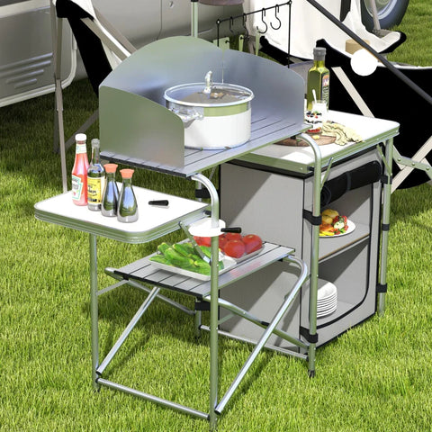 Rootz Camping Kitchen - Outdoor Kitchen - Uv Protection - Table Top - 3-sided - Carry Bag - Aluminum - 600d Oxford Fabric - Silver -  144L x 48W x 119H cm
