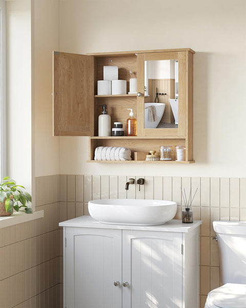 Rootz Mirror Cabinet - Wall Storage - Bathroom Organizer - MDF - Brown - 13cm x 56.5cm x 58.5cm