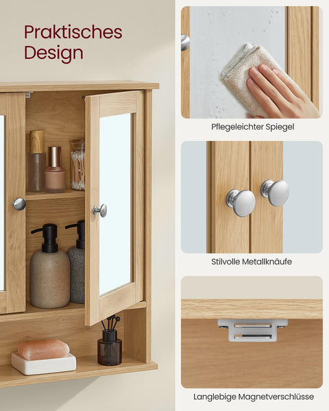 Rootz Mirror Cabinet - Wall Storage - Bathroom Organizer - MDF - Brown - 13cm x 56.5cm x 58.5cm