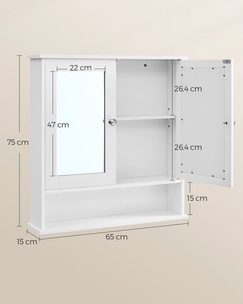 Rootz Wall Mounted Mirror Cabinet - White Vanity Cabinet - Reflective Storage Unit - Space-Saving Design - 15cm x 65cm x 75cm