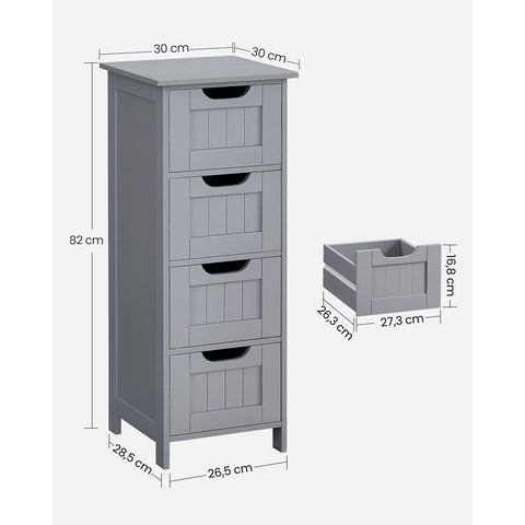 Rootz Bathroom Cabinet - Side Cabinet - Storage Unit - 4 Drawers - Space-Saving - 30cm x 30cm x 82cm - Grey color
