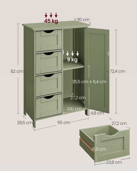 Rootz Bathroom Cabinet - Storage Unit - Drawer Chest -  Green  - MDF - 30cm x 55cm x 82cm