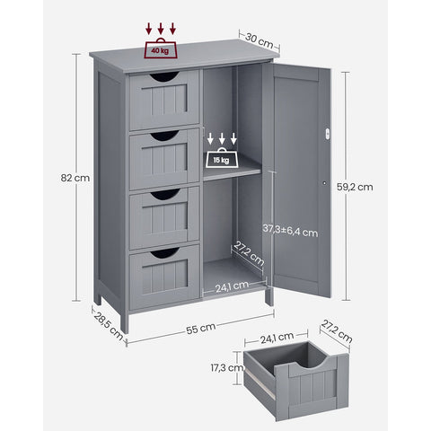 Rootz Bathroom Cabinet with 4 Drawers - Storage Unit - Organizer - MDF Mystical Grey - 30 x 55 x 82 cm