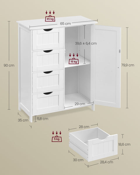 Rootz Cloud White Bathroom Cabinet - Storage Organizer - MDF Furniture - Adjustable Shelf - 35cm x 65cm x 90cm