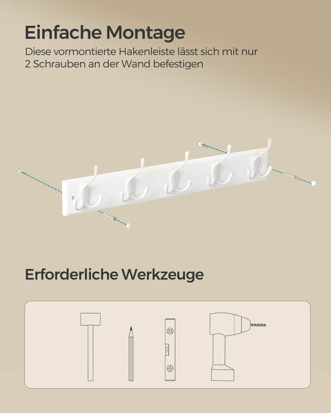Rootz Wall Coat Rack - Hook Stand - Entryway Organizer - MDF and Zinc Alloy - 7cm x 50.4cm x 4.6cm - Cloud White