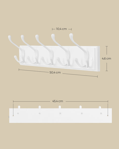 Rootz Wall Coat Rack - Hook Stand - Entryway Organizer - MDF and Zinc Alloy - 7cm x 50.4cm x 4.6cm - Cloud White