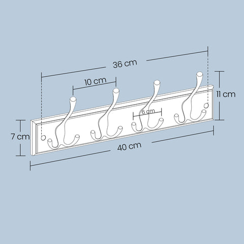 Rootz Wall Wardrobe Rack - Cloakroom Hook Strip - Metal Hook Rail - Space-saving Organizer - 40cm x 11cm x 7cm
