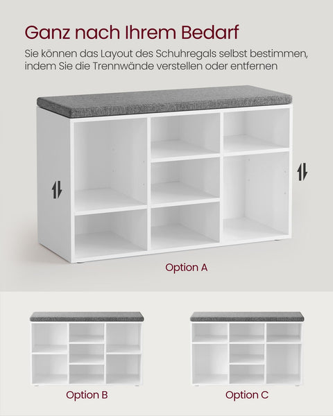 Rootz Schoenenbank met opbergruimte - Ingangsbank - Schoenenorganizer - Spaanplaat en schuim - 30,3 cm x 78,5 cm x 48 cm - Wolkenwit en Duifgrijs - Max. Statisch draagvermogen 136 kg