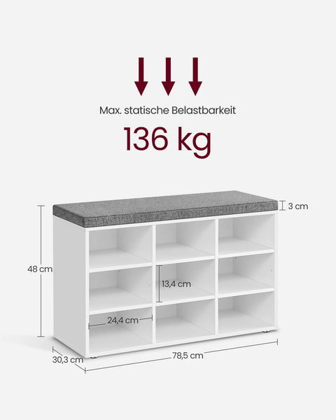 Rootz Shoe Bench - Entryway Seating - Storage Organizer - Compact Design - 30.3cm x 78.5cm x 48cm -  White- Grey