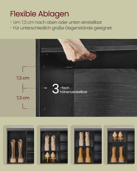 Rootz Shoe Bench with Seat - Shoe Organizer - Storage Cabinet - Ebony Black - Chipboard Material - 30cm x 104cm x 48cm