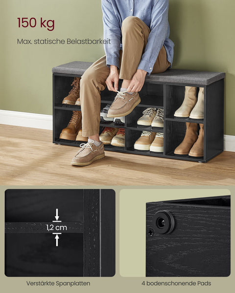 Rootz Shoe Bench with Seat - Shoe Organizer - Storage Cabinet - Ebony Black - Chipboard Material - 30cm x 104cm x 48cm