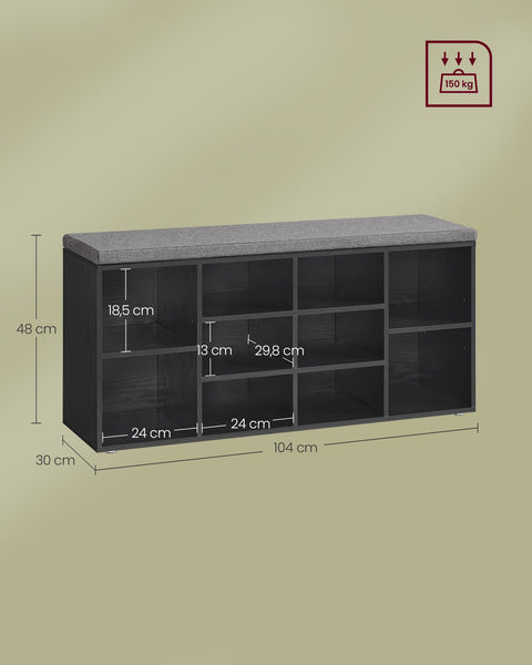Rootz Shoe Bench with Seat - Shoe Organizer - Storage Cabinet - Ebony Black - Chipboard Material - 30cm x 104cm x 48cm