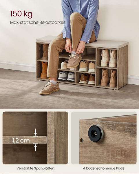 Rootz Shoe Rack Bench - Shoe Organizer - Shoe Storage - Chipboard Material - 30cm x 104cm x 48cm - Camel Brown, Foam Seat, Imitation Linen Cover