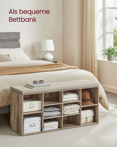 Rootz Shoe Rack Bench - Shoe Organizer - Shoe Storage - Chipboard Material - 30cm x 104cm x 48cm - Camel Brown, Foam Seat, Imitation Linen Cover