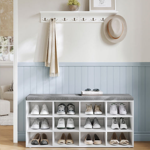 Rootz Schoenenbank met opbergruimte - Ingangsorganizer - Klassiek Wit - Spaanplaat - Schuim - Imitatielinnen hoes - 30,3 cm x 78,5 cm x 48 cm - Maximaal laadvermogen 136 kg