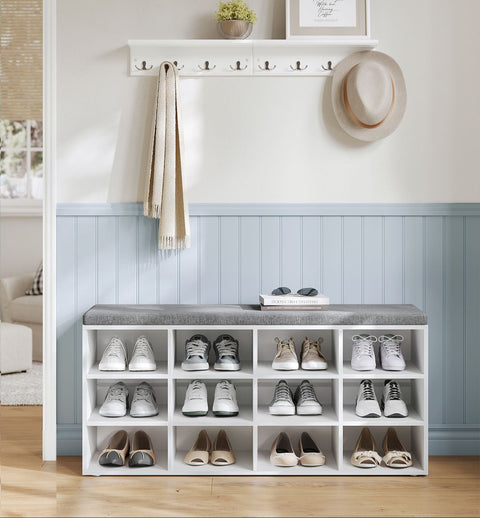 Rootz Shoe Bench Seat - Storage Bench - Entryway Organizer - 12 Compartments - White- Grey - 30.3 x 104 x 48 cm