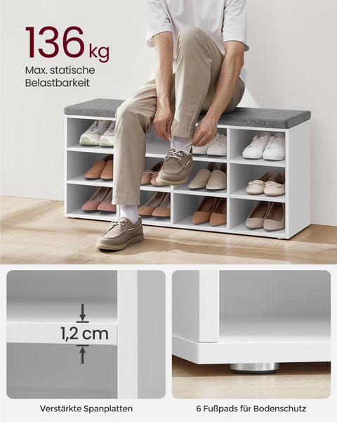 Rootz Shoe Bench Seat - Storage Bench - Entryway Organizer - 12 Compartments - White- Grey - 30.3 x 104 x 48 cm