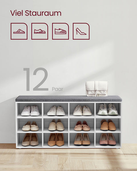 Rootz Shoe Bench Seat - Storage Bench - Entryway Organizer - 12 Compartments - White- Grey - 30.3 x 104 x 48 cm