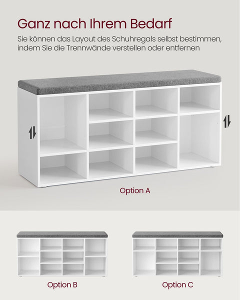 Rootz Shoe Bench Seat - Storage Bench - Entryway Organizer - 12 Compartments - White- Grey - 30.3 x 104 x 48 cm