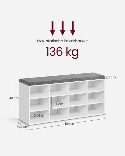 Rootz Schoenenbank met opbergruimte - Ingangsorganizer - Klassiek Wit - Spaanplaat - Schuim - Imitatielinnen hoes - 30,3 cm x 78,5 cm x 48 cm - Maximaal laadvermogen 136 kg