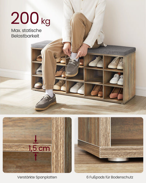 Rootz Schoenenbank met opbergruimte - Halorganisator - Schoenenrek - Spaanplaatconstructie - Schuimkussen - 30 cm x 105 cm x 48 cm