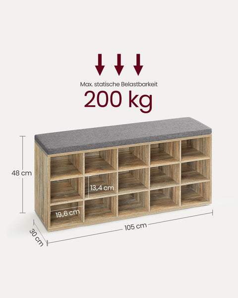 Rootz Wooden Shoe Bench - Shoe Rack - Storage Bench - Chipboard and Foam - 30cm x 105cm x 48cm - 200kg Load Capacity