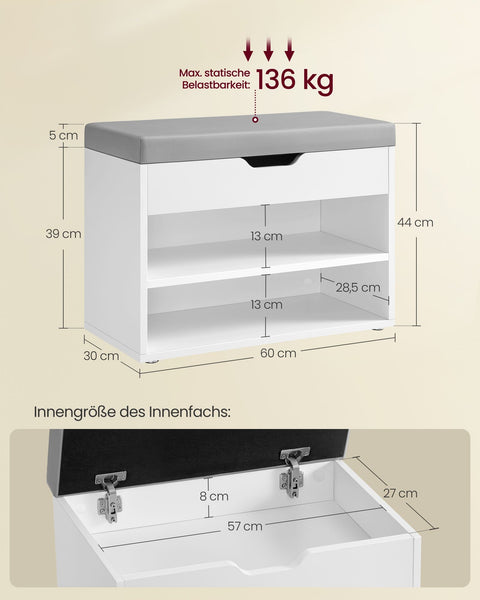 Rootz Shoe Bench with Cushion - Shoe Rack - Entryway Organizer - 3 Tiers White -Grey - 30cm x 60cm x 44cm