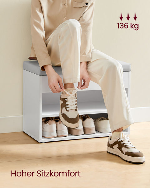 Rootz Shoe Bench with Cushion - Shoe Rack - Entryway Organizer - 3 Tiers White -Grey - 30cm x 60cm x 44cm