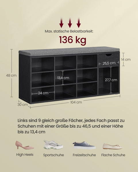 Rootz Shoe Bench Storage - Entryway Organizer - Wooden Storage Bench - MDF Construction - 30cm x 104cm x 48cm