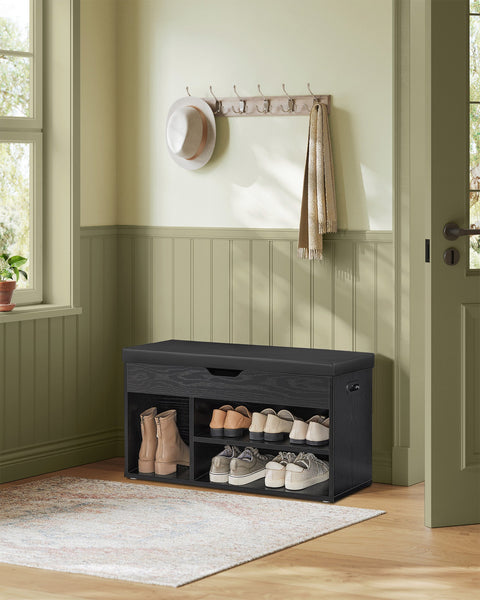 Rootz Shoe Bench - Footwear Organizer - Storage Bench - 3 Open Shelves - Black - 30cm x 80cm x 44cm