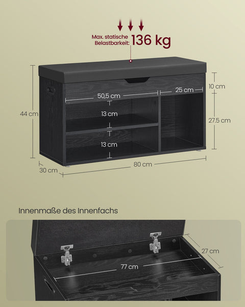 Rootz Shoe Bench - Footwear Organizer - Storage Bench - 3 Open Shelves - Black - 30cm x 80cm x 44cm