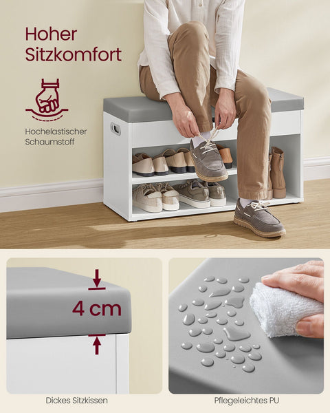 Rootz Shoe Bench - Shoe Organizer - Shoe Storage Rack - Chipboard Construction - 30cm x 80cm x 44cm - Cloud White - 150kg Capacity