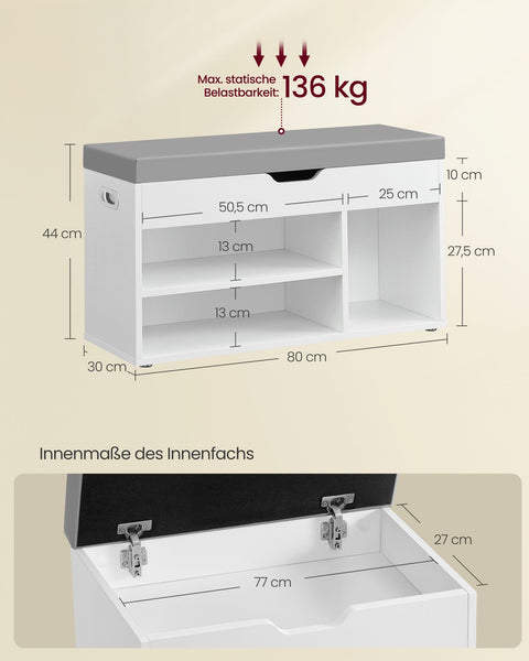 Rootz Shoe Bench - Shoe Organizer - Shoe Storage Rack - Chipboard Construction - 30cm x 80cm x 44cm - Cloud White - 150kg Capacity
