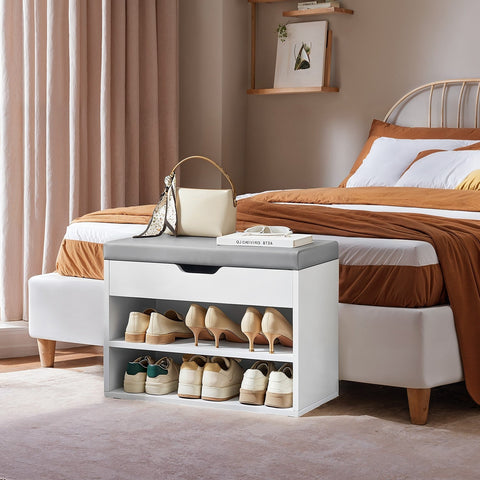 Rootz Shoe Bench with Cushion - Shoe Shelf - Entryway Organizer - 3 Tiers - Wooden Chipboard - 30cm x 60cm x 44cm