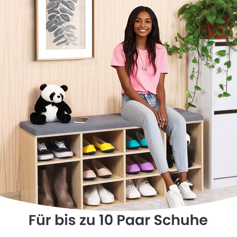 Rootz Shoe Bench - Shoe Shelf - Space-Saving Storage - 10 Compartments - 104 x 30 x 48 cm - Wood Look