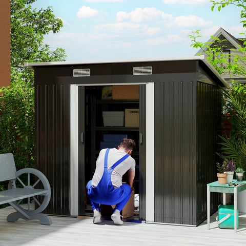 Rootz Equipment Shed Metal 2.3 m² - Garden Storage - Outdoor Tool Shed - Robust and Durable - 207 x 130 x 182 cm - Black - Pent Roof & Sliding Door