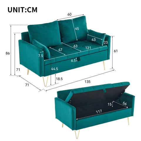 Rootz 2-Seater Velvet Sofa - Storage Couch - Lounge Sofa - Comfort & Elegant Design - 135cm x 71cm x 71cm