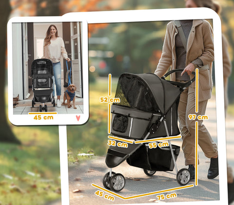 Rootz Dog Car - Pet Buggy - Foldable Stroller - Supports Pets Up to 10kg - Grey - 75cm x 45cm x 97cm