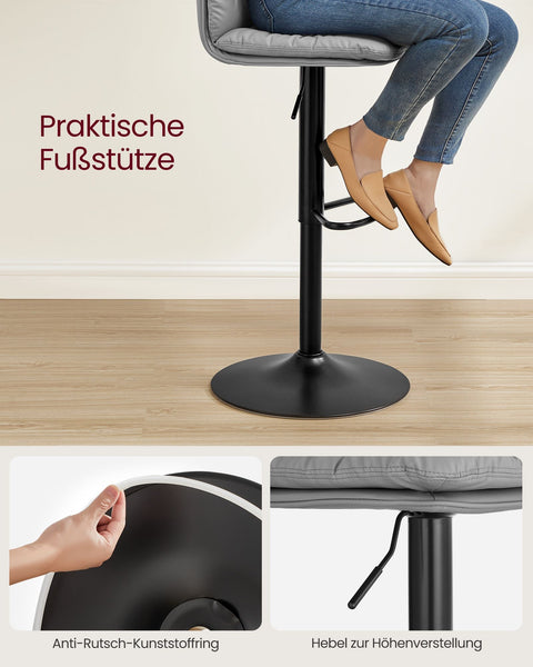 Rootz Gray 2 Piece Set Bar Chairs - Counter Stools - Kitchen Island Seating - PU Material - Metal Frame - Foam Padding - Adjustable Height - Compact Design - Ergonomic Backrest - 47cm x 41cm x (89-110)cm