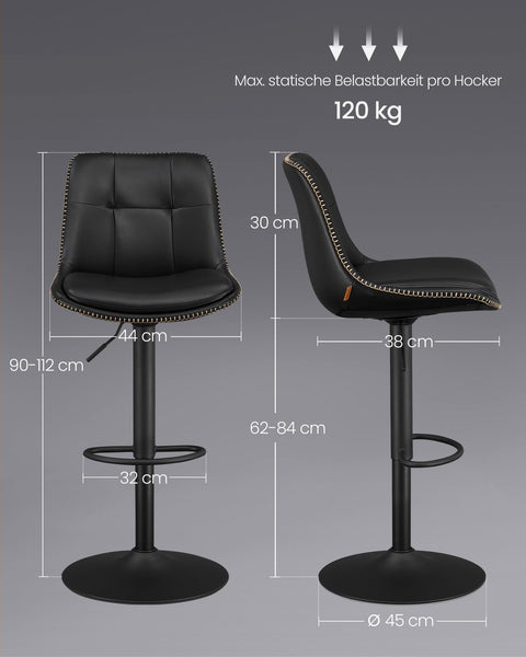 Rootz 2 Piece Set Bar Chairs - Kitchen Stools - Counter Height Chairs - PU Material - Chrome-Plated Steel - Foam Padding - 44cm x 48cm x (90-112)cm - Ink Black - 120kg Max Load Capacity