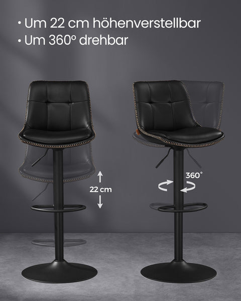 Rootz 2 Piece Set Bar Chairs - Kitchen Stools - Counter Height Chairs - PU Material - Chrome-Plated Steel - Foam Padding - 44cm x 48cm x (90-112)cm - Ink Black - 120kg Max Load Capacity