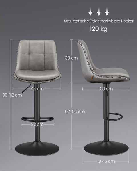 Rootz 2 Piece Set Bar Stool - Counter Height Chairs - Footrest - Dove Gray - PU - Chrome-Plated Steel - Foam Padding - 44cm x 48cm x (90-112cm)