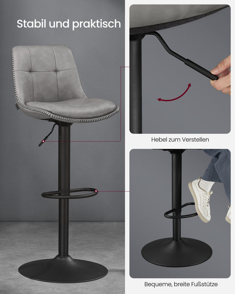 Rootz 2 Piece Set Bar Stool - Counter Height Chairs - Footrest - Dove Gray - PU - Chrome-Plated Steel - Foam Padding - 44cm x 48cm x (90-112cm)