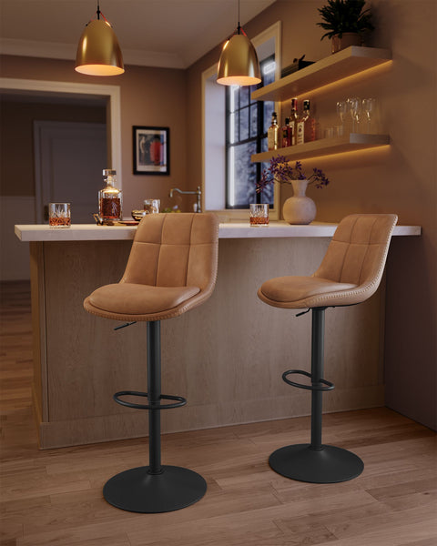 Rootz Bar Stool Set 2 Piece - Bar Chairs - High Back Stools - Comfortable Foam Padding - 44x48x(90-112)cm - Brown
