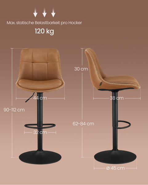 Rootz Bar Stool Set 2 Piece - Bar Chairs - High Back Stools - Comfortable Foam Padding - 44x48x(90-112)cm - Brown